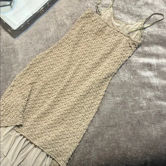 NWT Light Tan Textured Asymmetric Ruffled Midi Dress by Commense - Picture 9 of 9